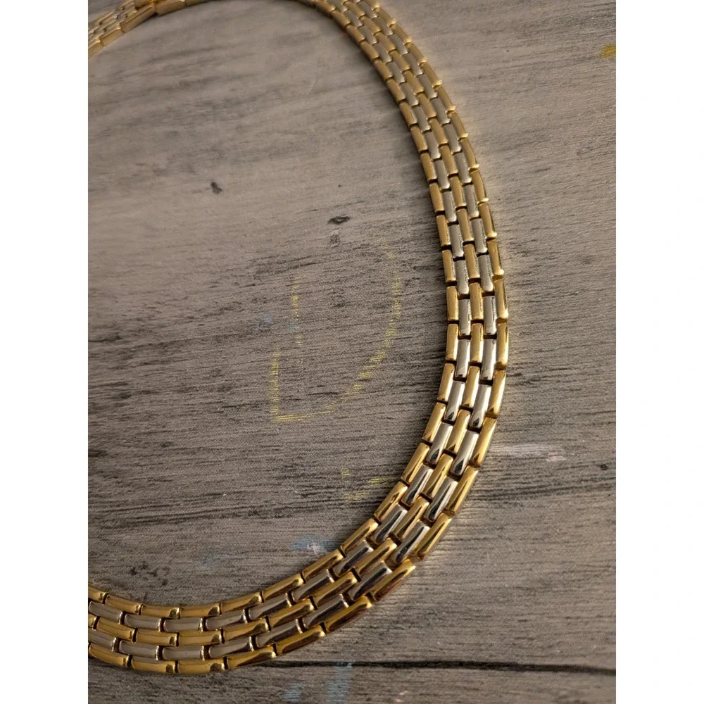 Mens Two Tone Panther Link Chain Necklace Gold Silver Tone Flat Polished Choker